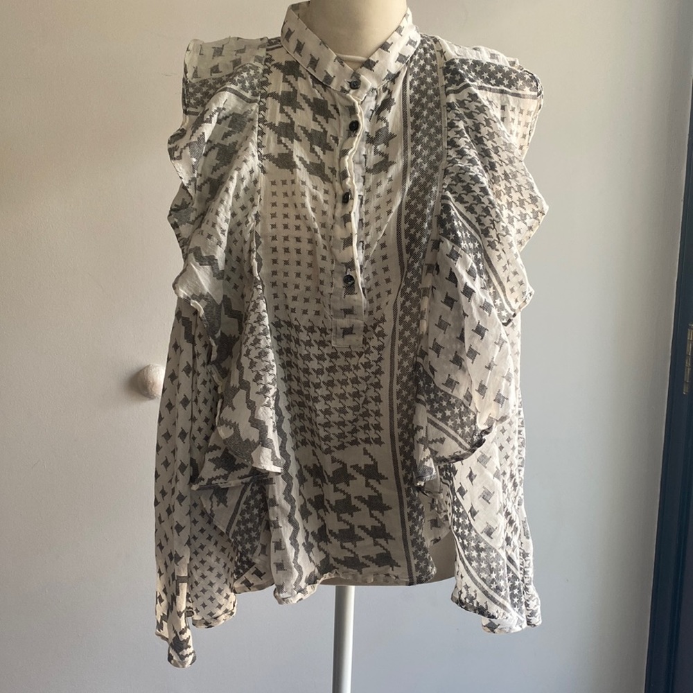 IRO Cream and Black Ruffle Button-Front Blouse